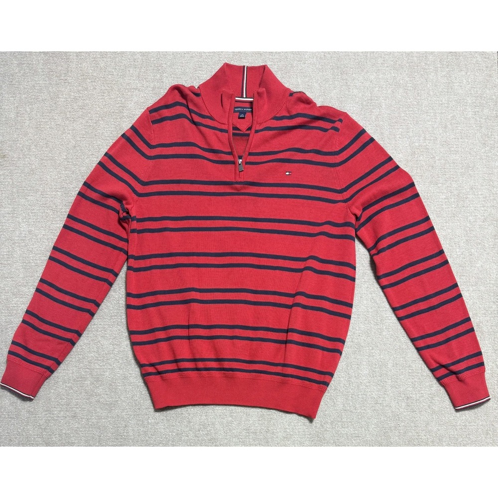 Tommy Hilfiger Sweater Mens Large Red Navy Striped Half Zip Pullover Cotton